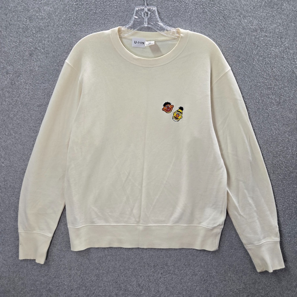 Uniqlo x Sesame Street Men Sweatshirt Ivory Bert & Ernie Logo Embroidered READ